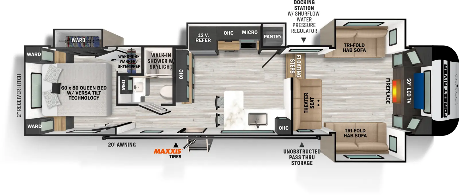 The Impression 320FL has one entry and four slide outs. Exterior features include: fiberglass exterior and 20' awning. Interiors features include: rear bedroom and front living.